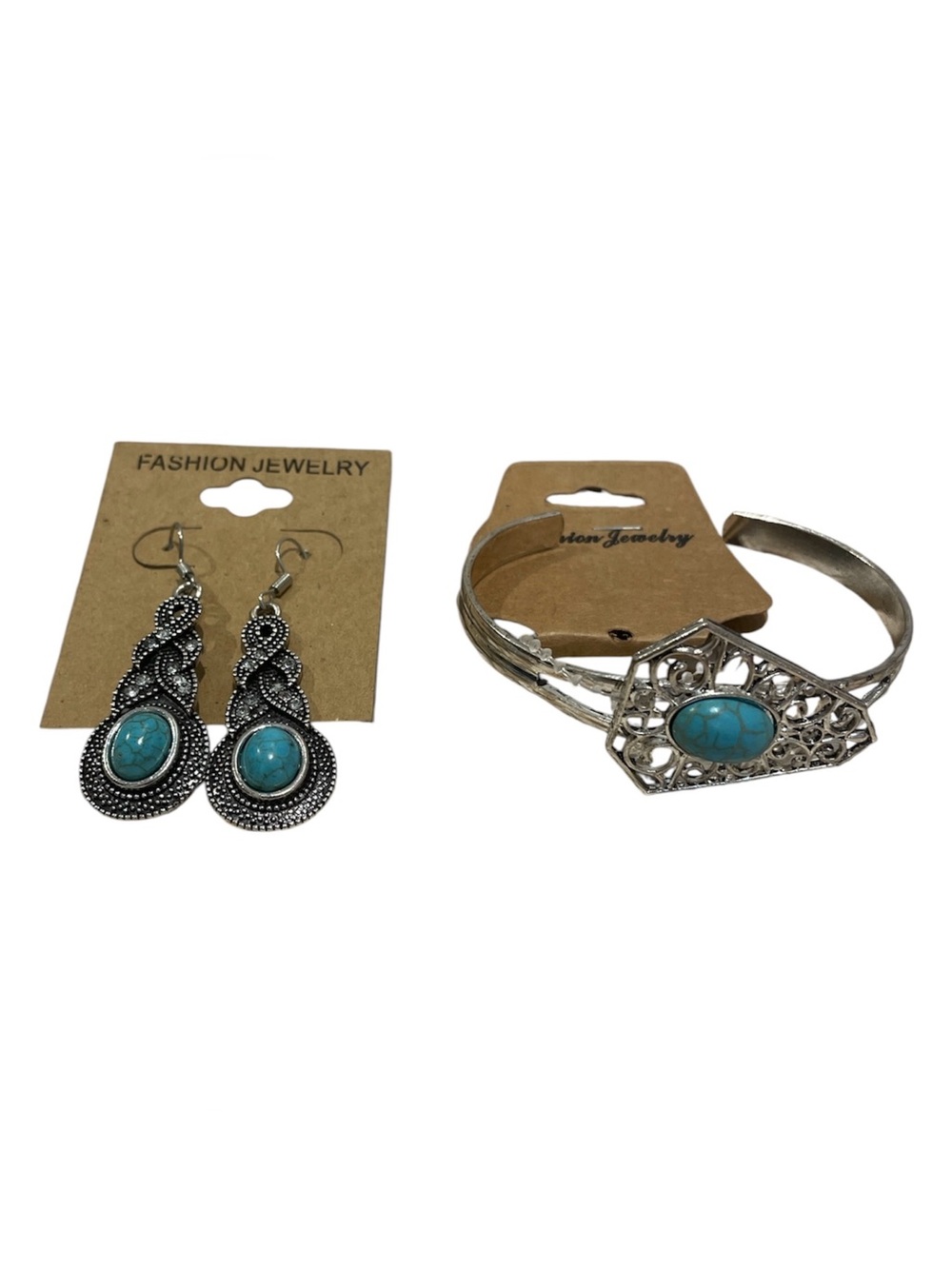Turquoise & Silver Tone Dangle Fashion Earrings and Bracelet - Picture 1 of 5